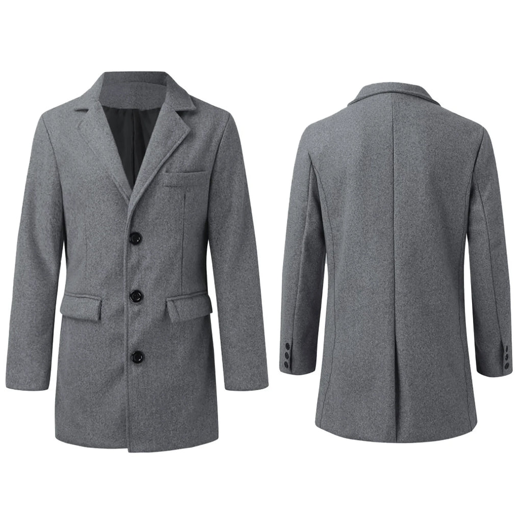 2026 Winter Fashion Men's Mid-Length Wool Overcoat Male Long Sleeve Lapel Solid Color Trench Coat Winter Outerwear