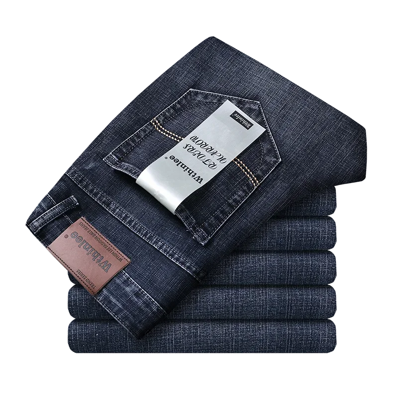 Wthinlee New Business Men's Jeans fleece Casual Straight Stretch Fashion Classic Blue Black Work Denim Trousers Male  Clothing