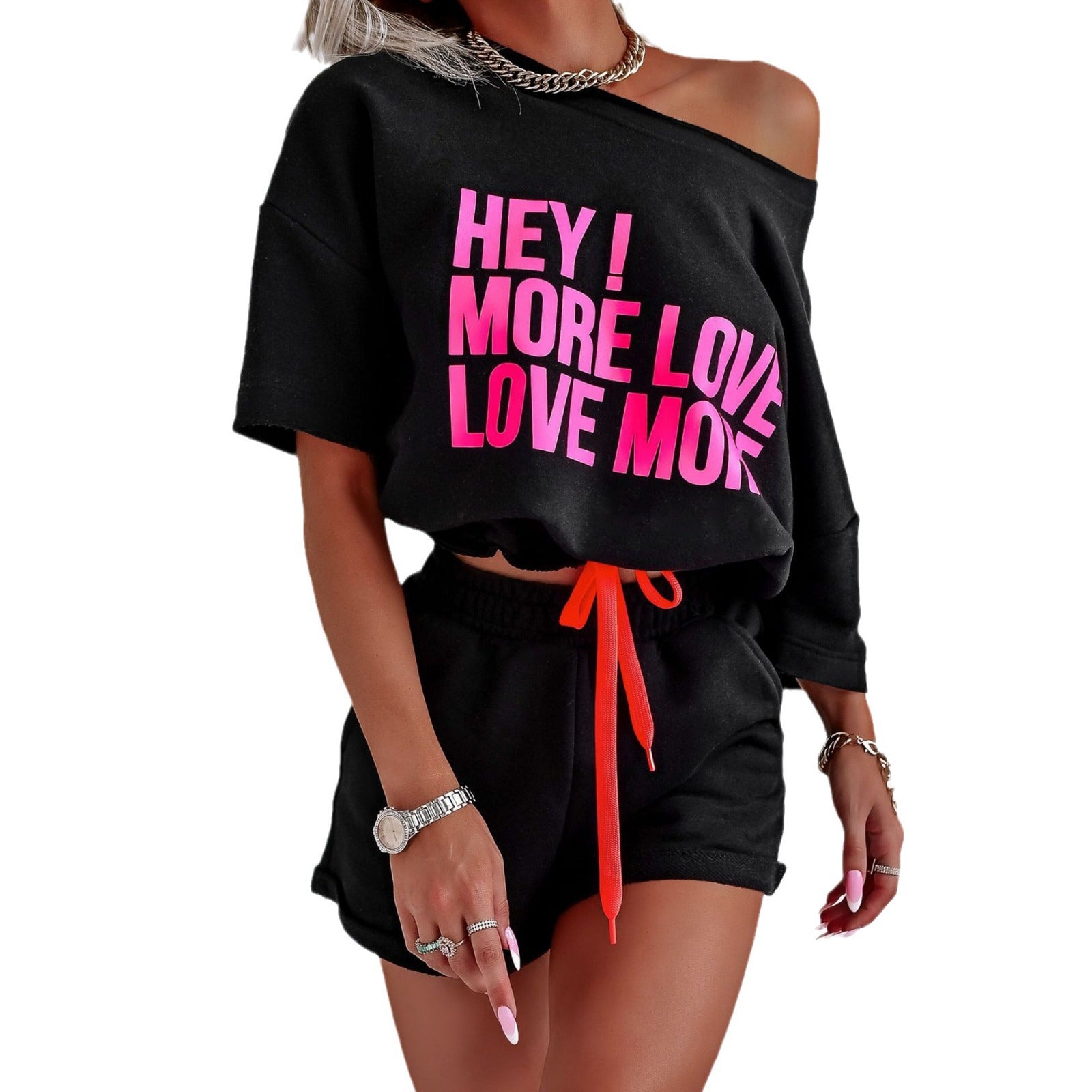 Fashion Letter Print Top Shorts Suit