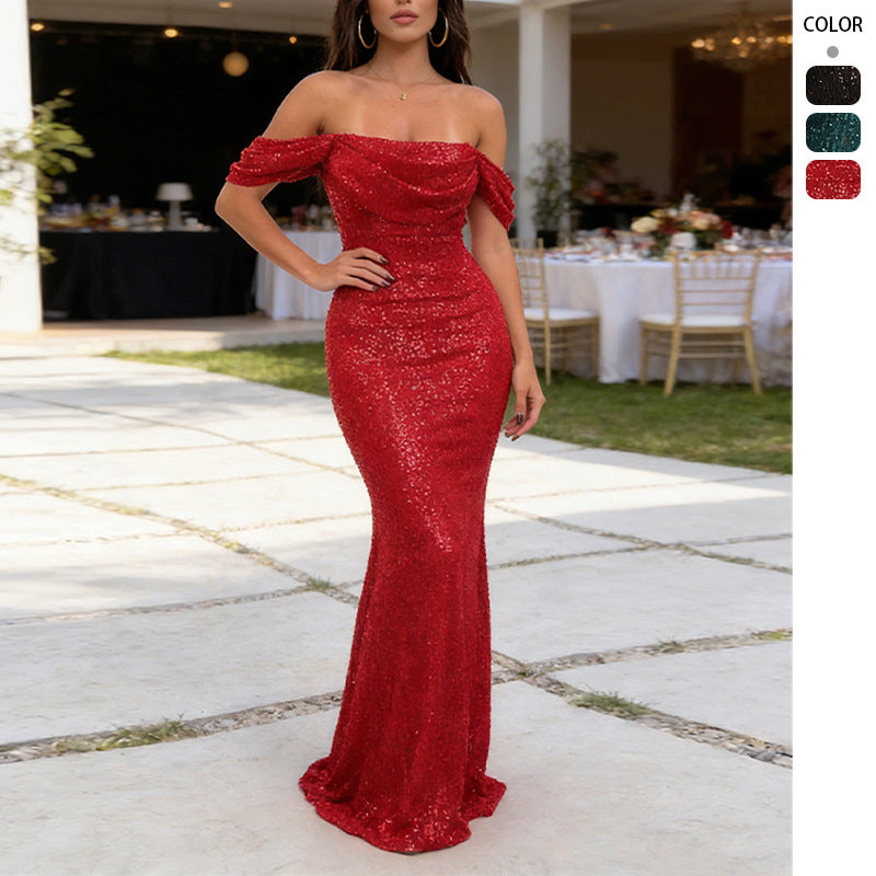 Women's Sexy Sequin Off-Shoulder Split Dress - Sparkly Off Shoulder Summer Party Long Dresses Evening Party Gown vestido