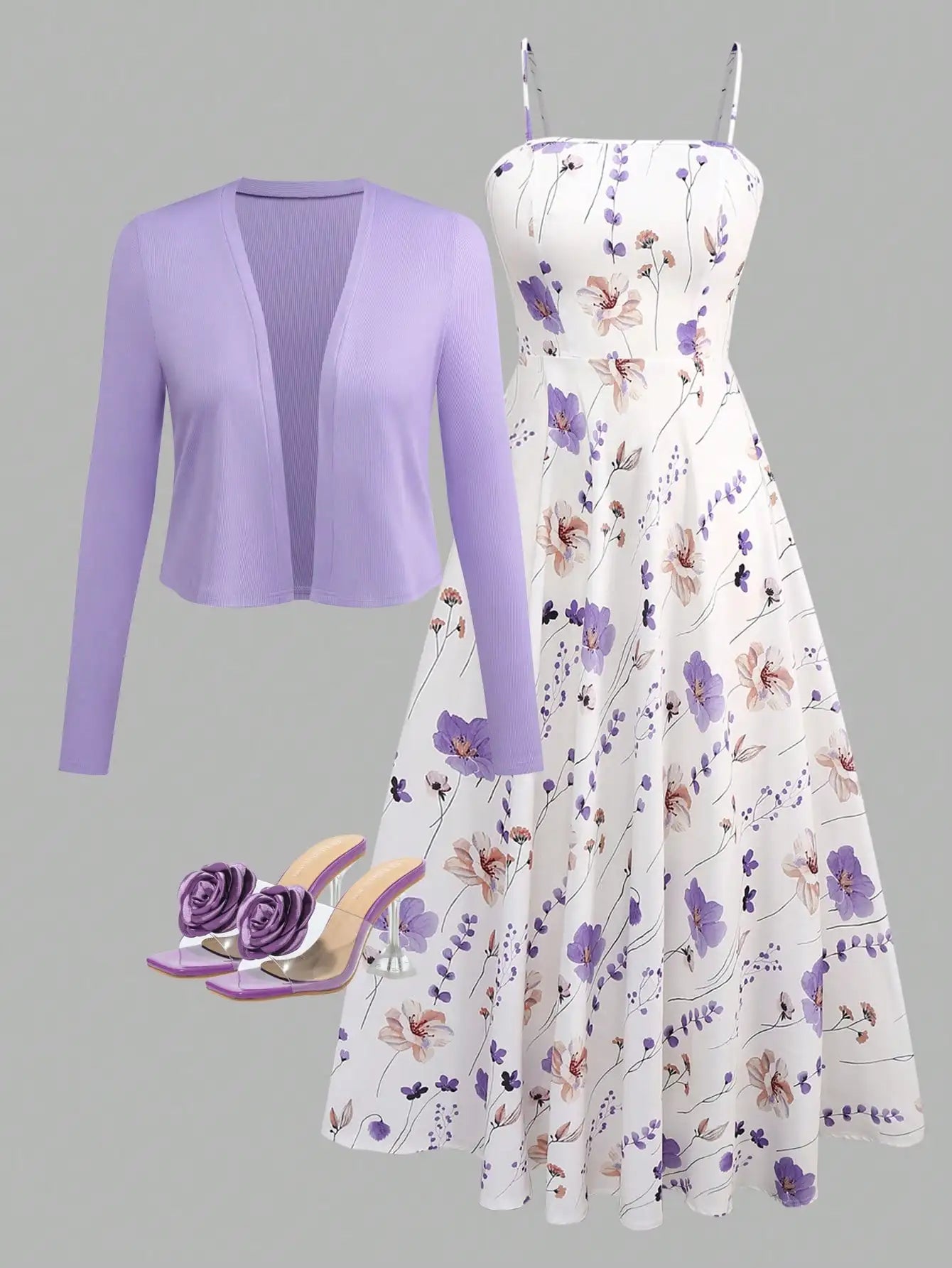 Women's Elegant Leopard Print Camisole Dress With Waist Cincher & Knit Cardigan Set