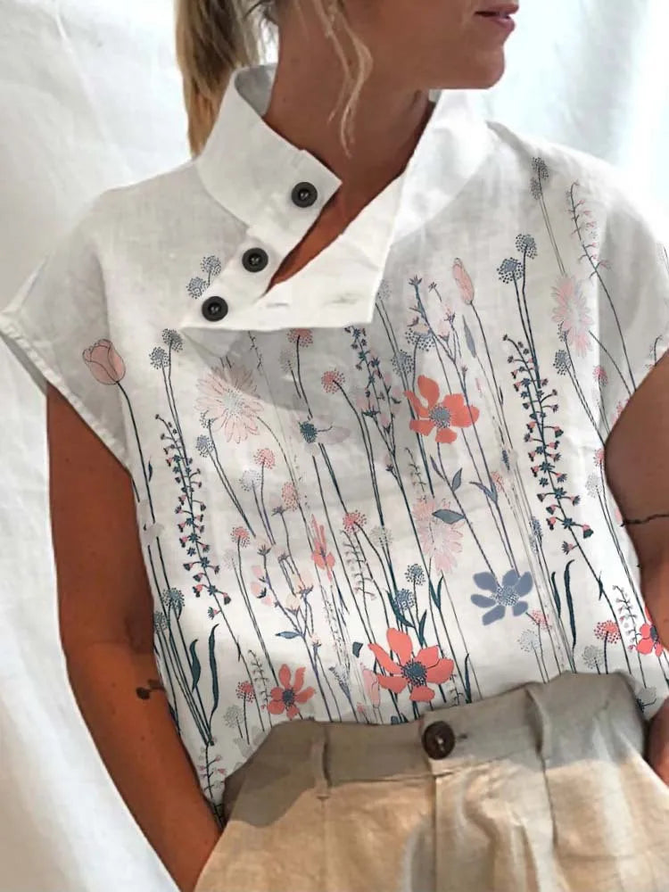 Leisure Summer Blouse Women Tops Vintage Floral Print Short Sleeve White Blouses Casual Buttons Slit Stand Neck Top Blusas
