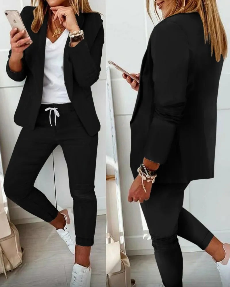 Office Lady Blazer And Lace-Up Pants Two Piece Set 2024 New Casual Fashion Solid Color Women's Set Conjuntos De Mujer Streetwear
