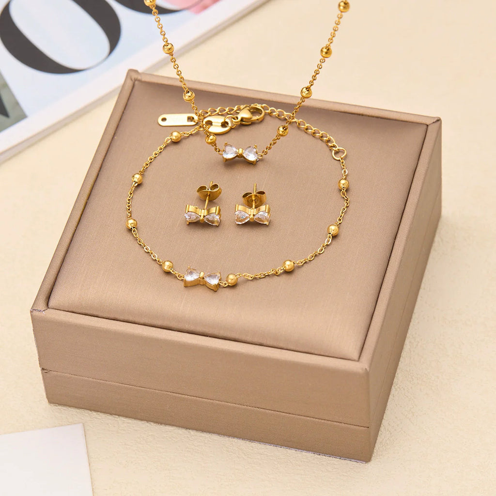 316L Stainless Steel Sparkling Zircon Necklace Bracelet Earrings for Women Fashion Temperament Jewelry Set Gifts