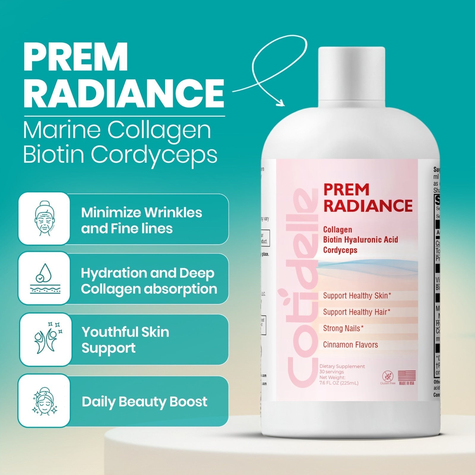 Prem Radiance A Liquid Dietary Supplement to Support Healthy Skin with Marine Collagen,Biotin,Hyaluronic Acid and Cordycepts